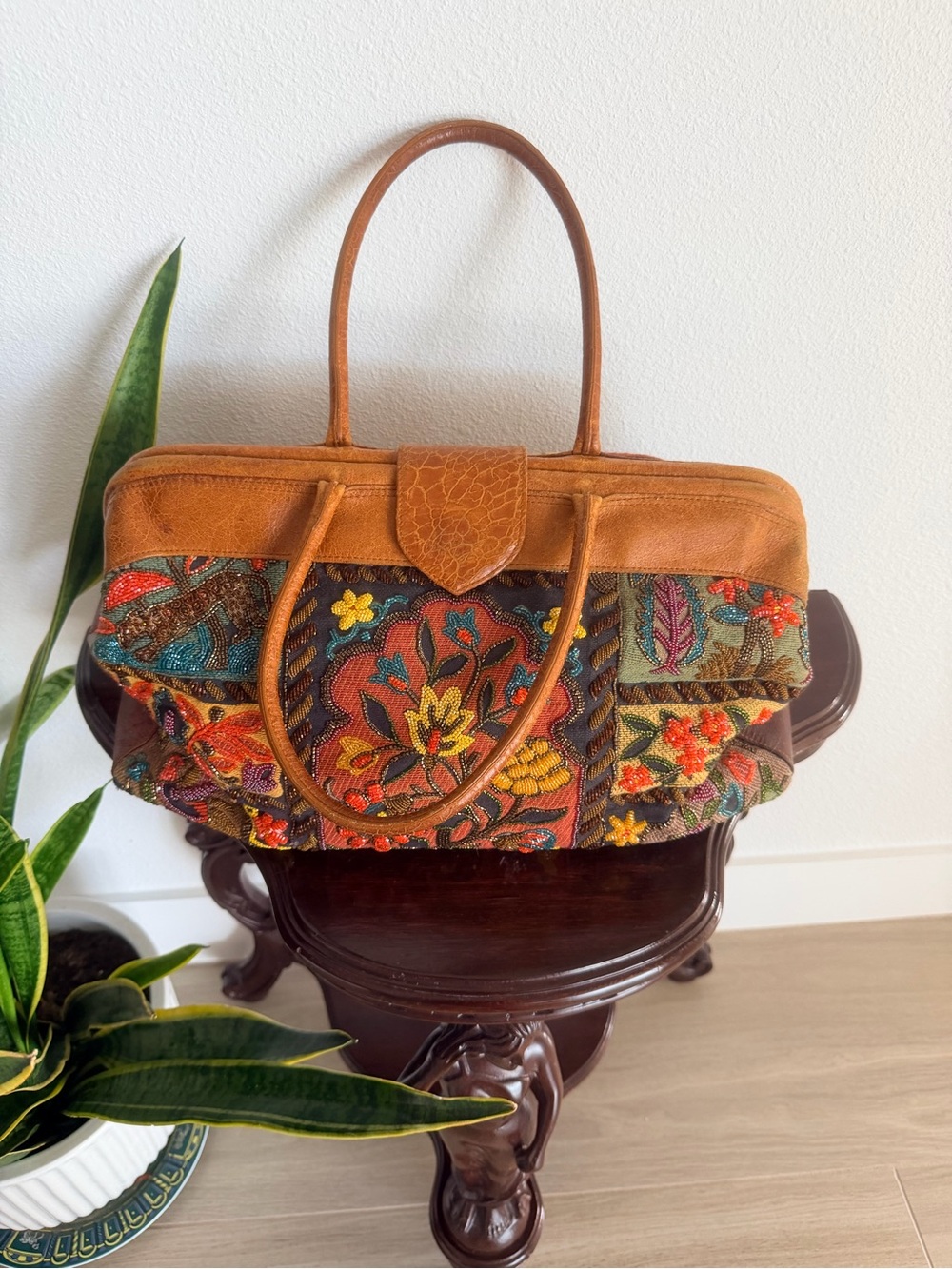 Isabella Fiore Multicolor Floral Tapestry Shoulder Bag with Tan Leather Trim